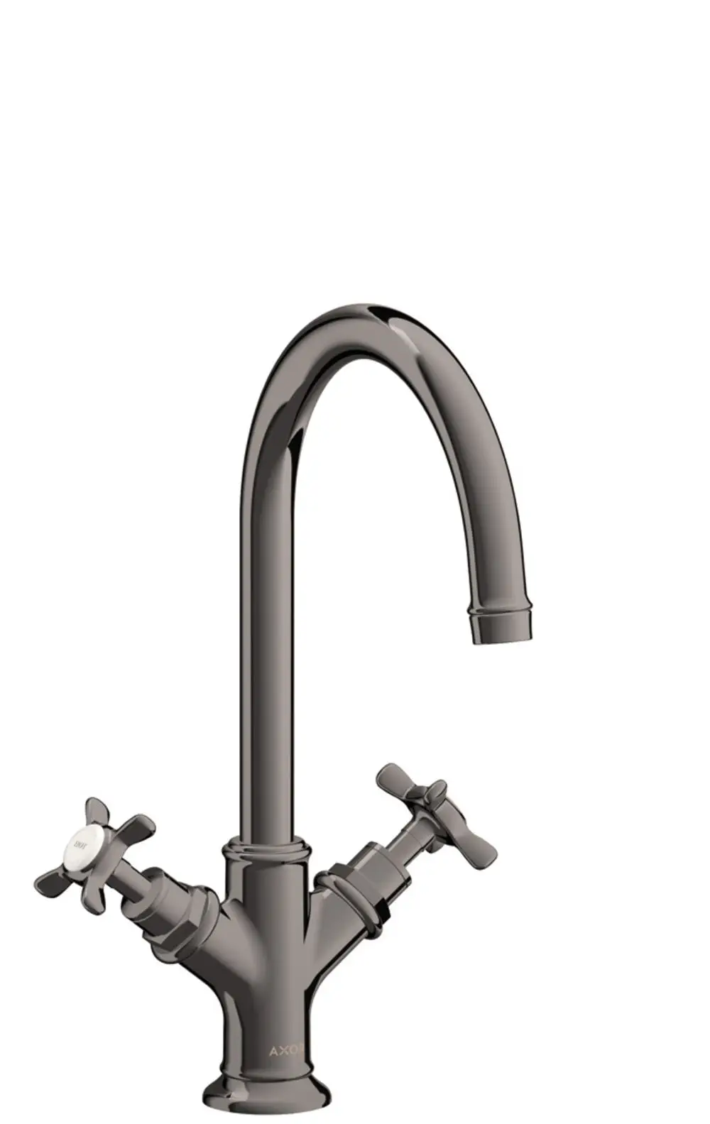 Waschtischarmatur in Polished Black Chrome von AXOR mit zwei Kreuzgriffen und einem hohen Auslauf. Zugstangen-Ablaufgarnitur ist integriert.
